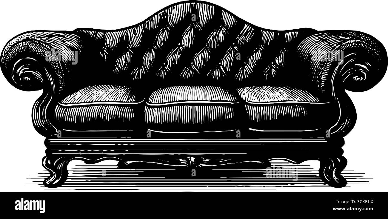 Design vittoriano con incisione sul divano per decorazioni vintage e progetti artistici. Illustrazione Vettoriale