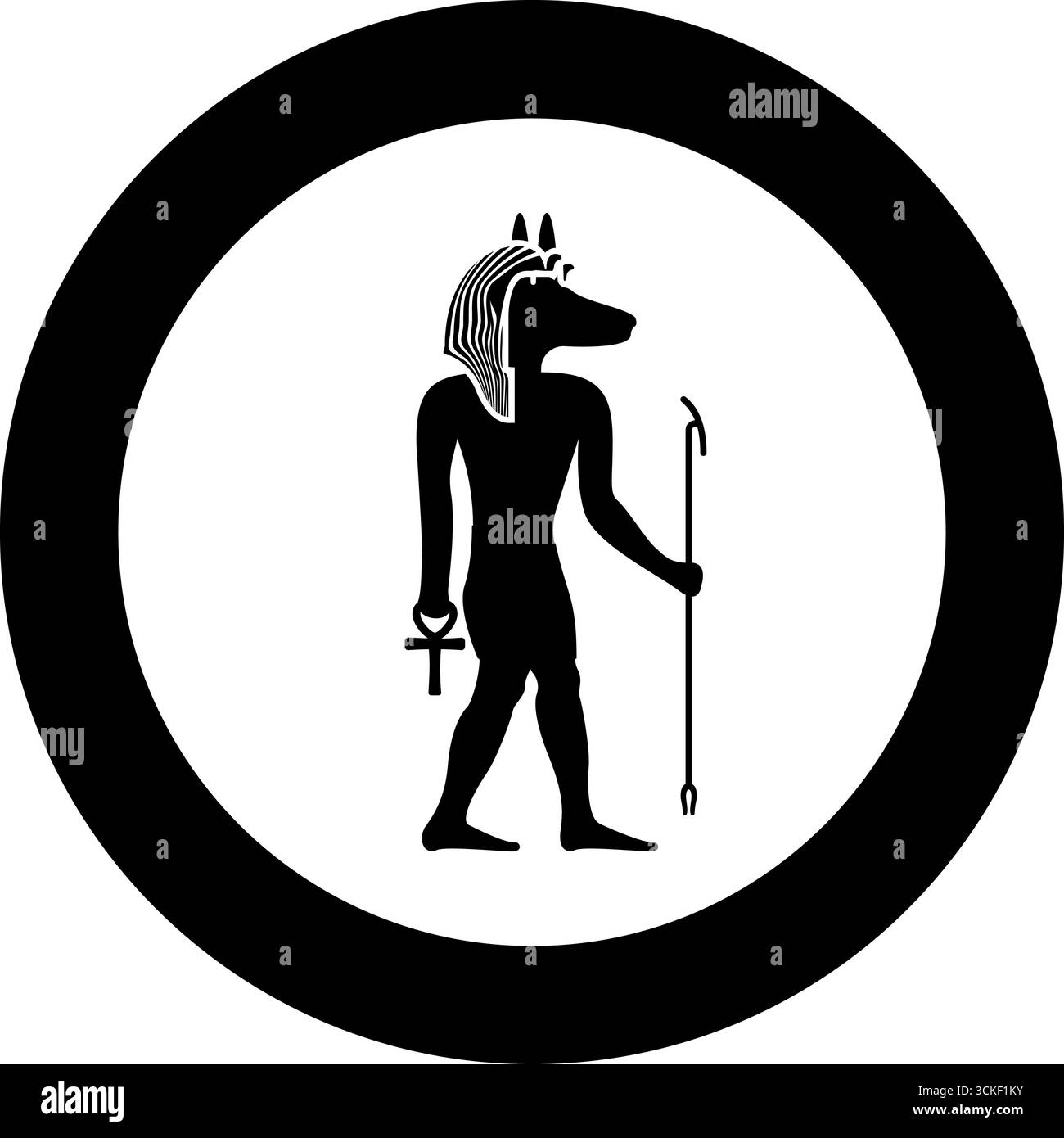 Divinità Anubi con testa di sciacallo, antico dio egizio, regge il bastone e un'icona mitica con silhouette a croce in un vettoriale rotondo di colore nero Illustrazione Vettoriale