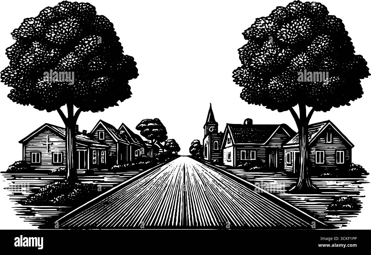 Rustica scena di strada del villaggio con alberi e chiesa, incisioni disegnate a mano per un design retrò. Illustrazione Vettoriale Rustica scena di strada del villaggio con alberi e chiesa, incisioni disegnate a mano per un design retrò. Illustrazione Vettoriale