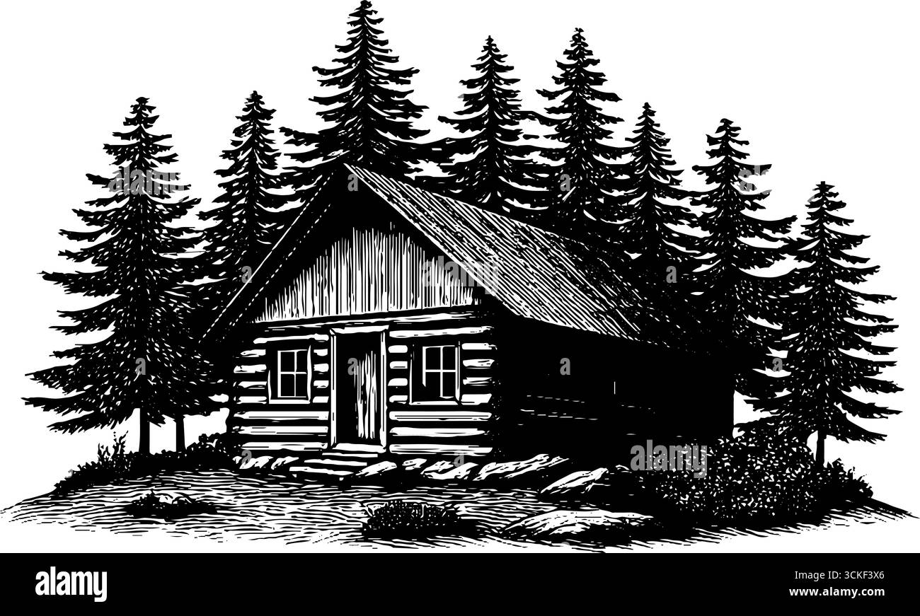 Illustrazione vintage incisa di una cabina in legno nella foresta per un design e un arredamento rustici. Illustrazione Vettoriale