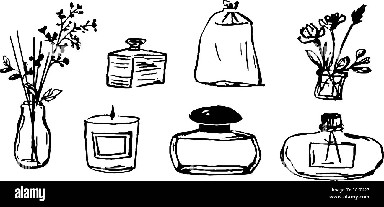 Set di deodoranti per ambienti in bianco e nero e composizioni floreali. Illustrazione Vettoriale