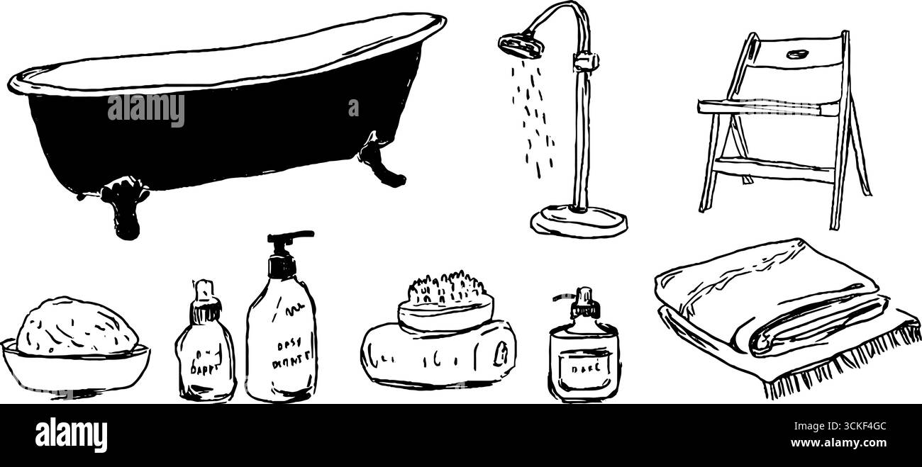 Set di illustrazioni in bianco e nero di elementi per il bagno disegnati a mano per progetti di design. Illustrazione Vettoriale