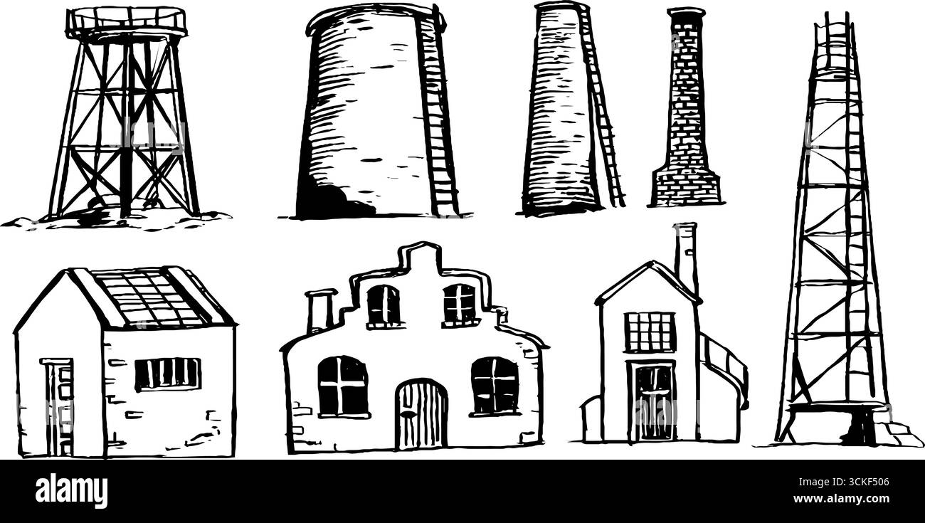Set di schizzi di architettura industriale: Torri, camini ed edifici per ispirare il design. Illustrazione Vettoriale