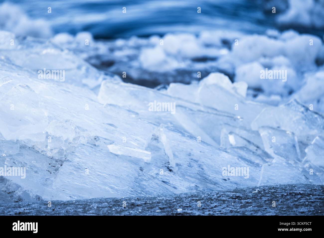 Immagine dettagliata che mostra i blocchi di ghiaccio in primo piano, catturando la purezza congelata e la bellezza stagionale dell'inverno. Foto di sfondo naturale Foto Stock