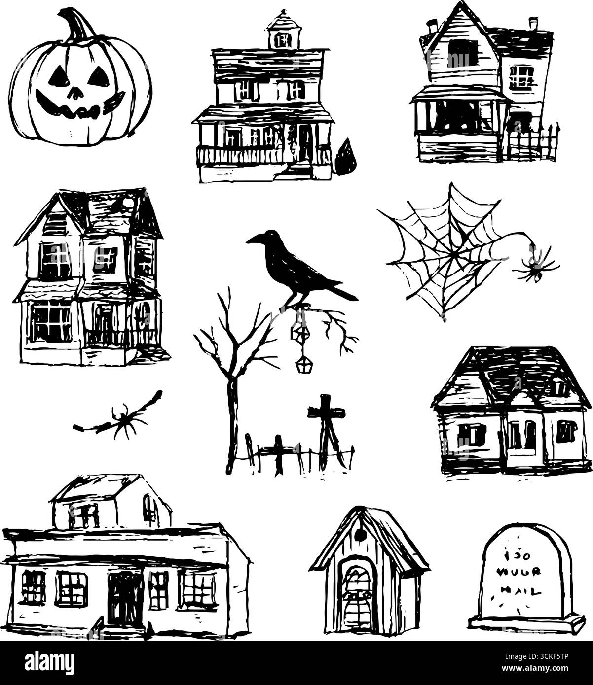 Set di sketch in bianco e nero di Halloween con Jack-o'-lantern e case infestate dai fantasmi. Illustrazione Vettoriale