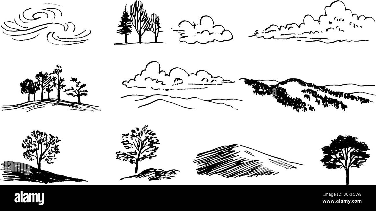 Collezione di schizzi in bianco e nero di paesaggi con alberi e nuvole per progetti di design creativo. Illustrazione Vettoriale