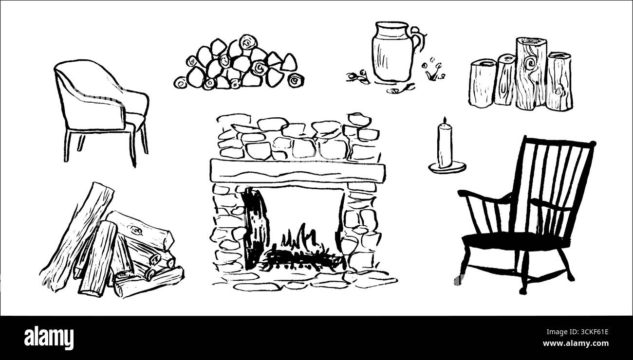 Elementi essenziali per la casa: Set di schizzi in bianco e nero di camino ed elementi rustici per un design creativo. Illustrazione Vettoriale