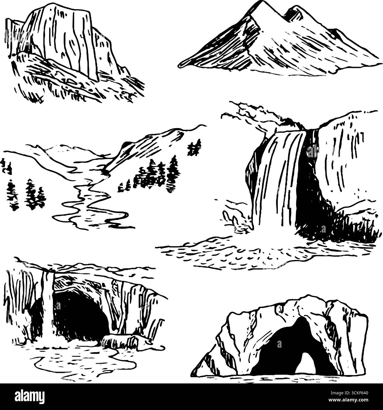 Collezione di schizzi in bianco e nero di paesaggi di montagna. Illustrazione Vettoriale