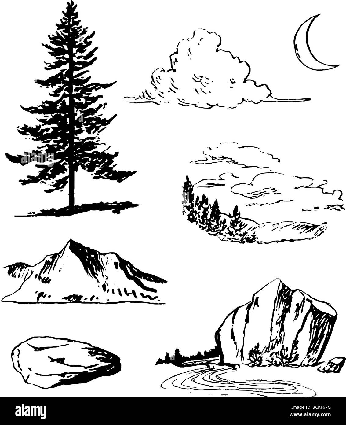 Collezione di schizzi in bianco e nero di pini, montagne ed elementi naturali. Illustrazione Vettoriale