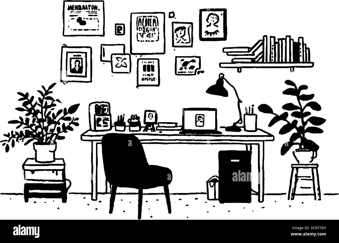 Spazio di lavoro minimalista in bianco e nero con piante e decorazioni a parete per l'ispirazione dell'ufficio domestico. Illustrazione Vettoriale Spazio di lavoro minimalista in bianco e nero con piante e decorazioni a parete per l'ispirazione dell'ufficio domestico. Illustrazione Vettoriale
