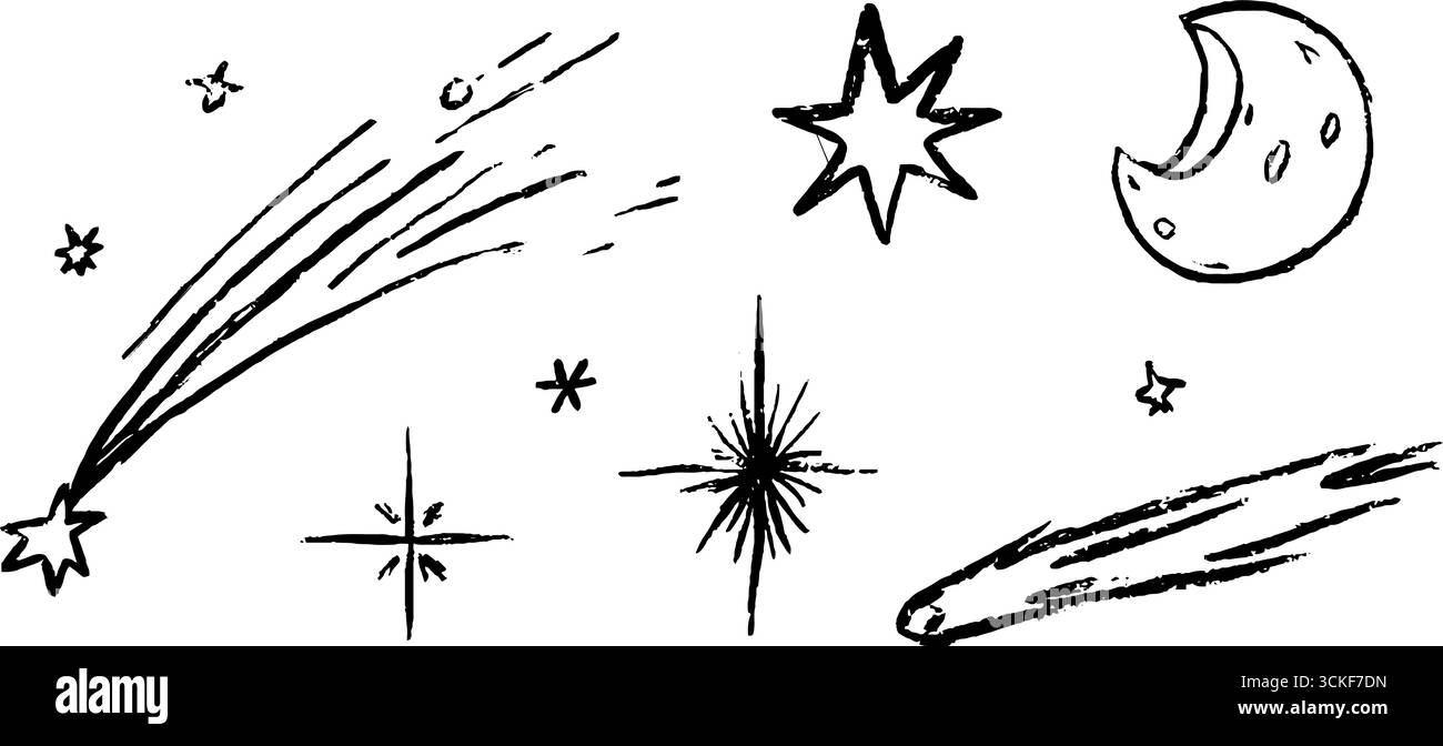 Schizzo notturno stellato bianco e nero disegnato a mano con elementi celesti per un design creativo. Illustrazione Vettoriale