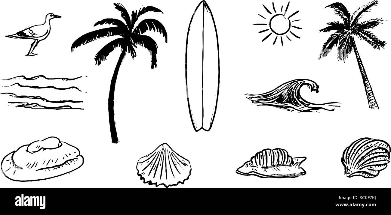 Set di schizzi in bianco e nero di tavole da surf, onde, conchiglie e palme per la progettazione di spiagge. Illustrazione Vettoriale