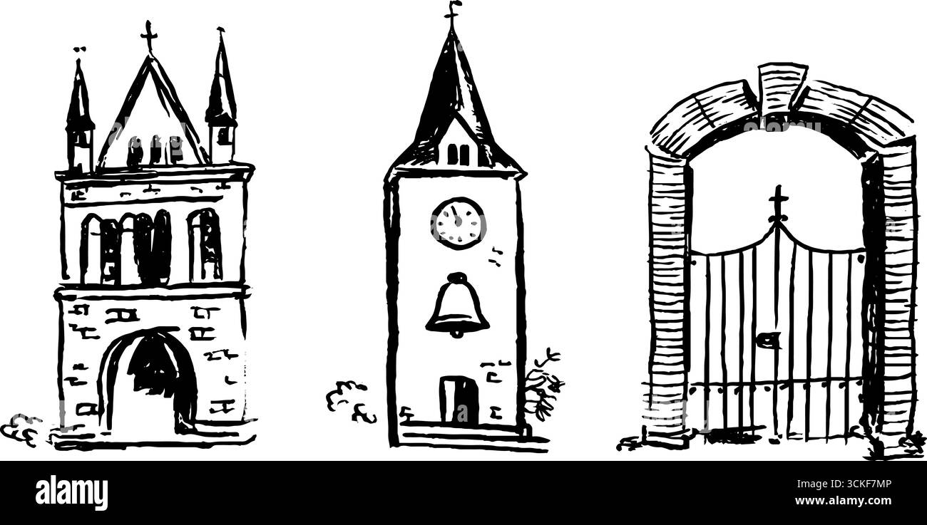 Set disegnato a mano in bianco e nero di torri gotiche e porte medievali per progetti di design. Illustrazione Vettoriale