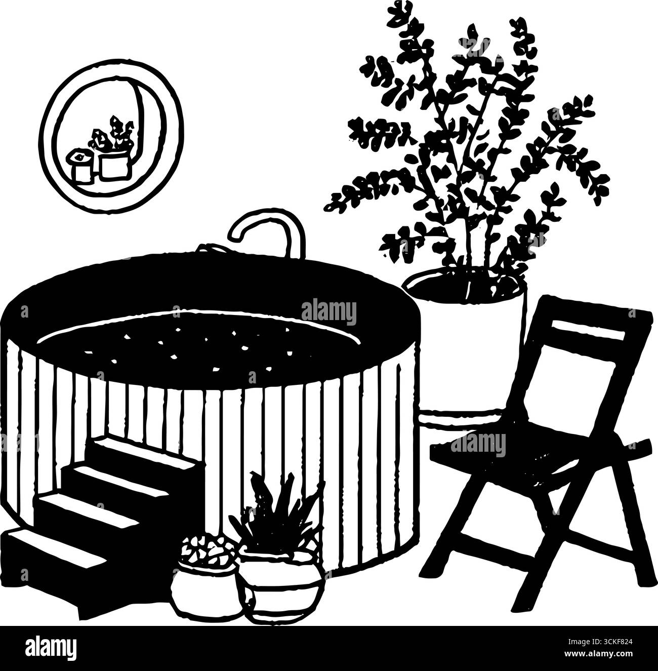 Vasca idromassaggio minimalista in bianco e nero con sedia e piante per un design rilassante. Illustrazione Vettoriale