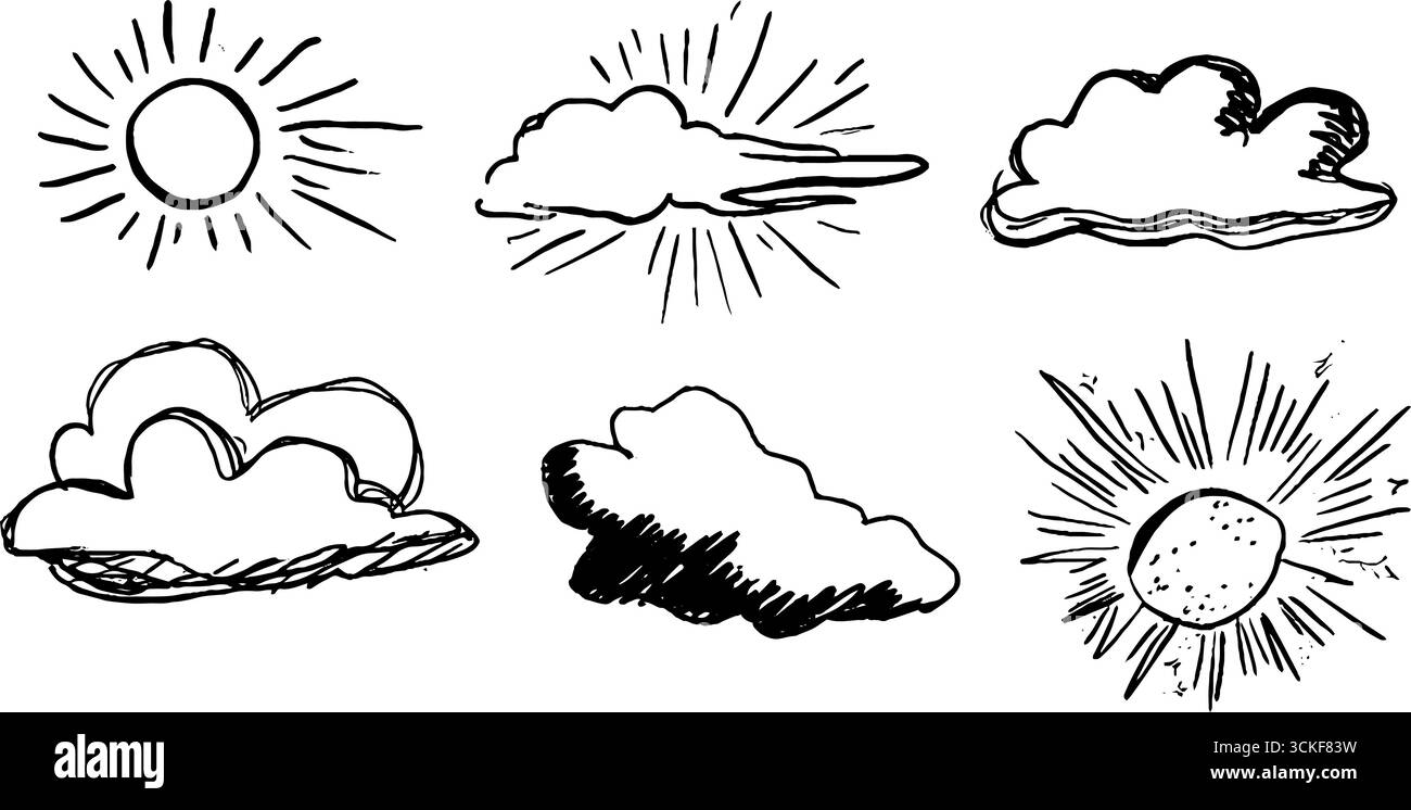 Collezione disegnata a mano in bianco e nero di illustrazioni di sole e nuvole per il design. Illustrazione Vettoriale