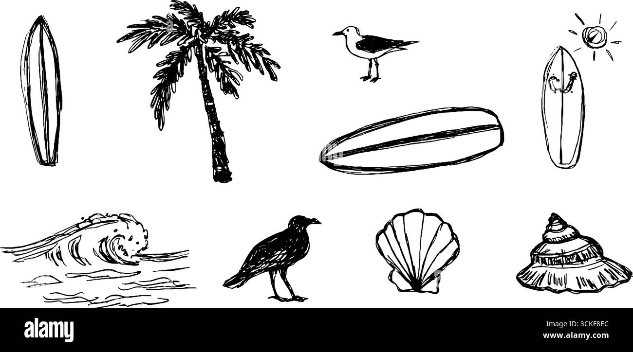 Set disegnato a mano in bianco e nero con tavole da surf ed elementi costieri. Illustrazione Vettoriale