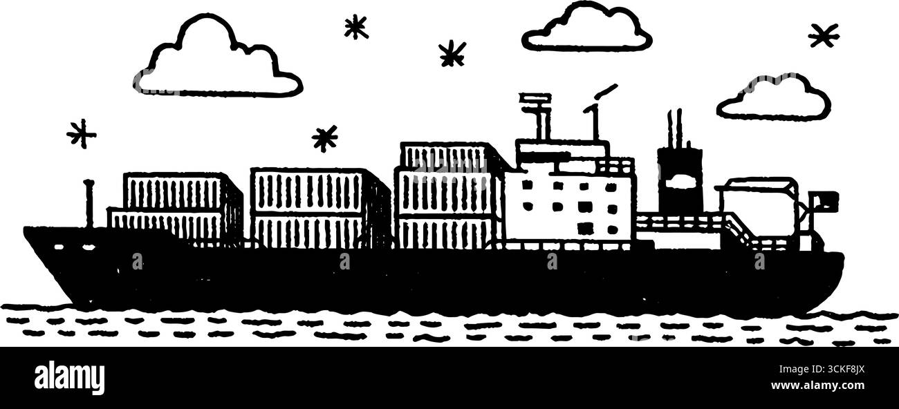 Illustrazione minimalista in bianco e nero di una nave da carico con nuvole e stelle. Illustrazione Vettoriale