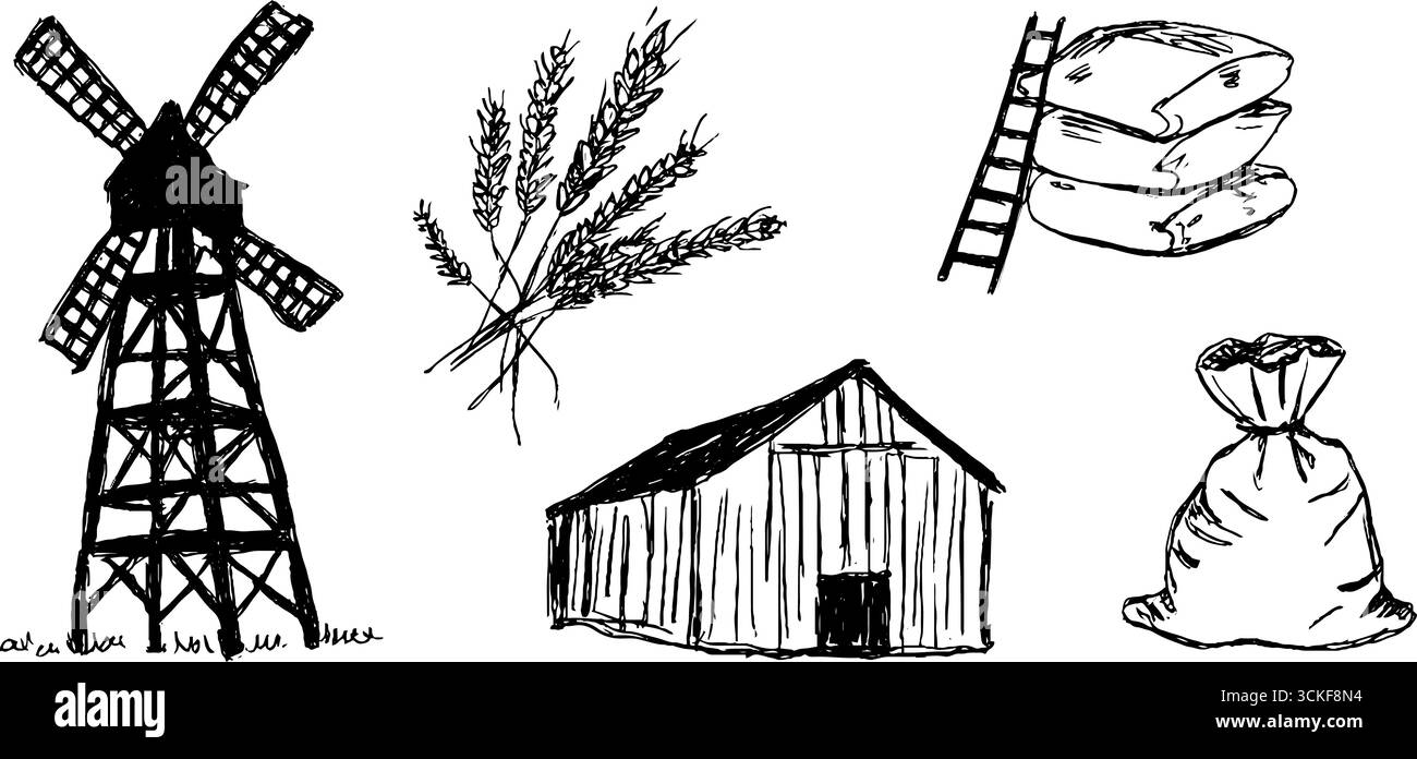 Set di schizzi vintage in bianco e nero di mulini a vento ed elementi agricoli per un design creativo. Illustrazione Vettoriale
