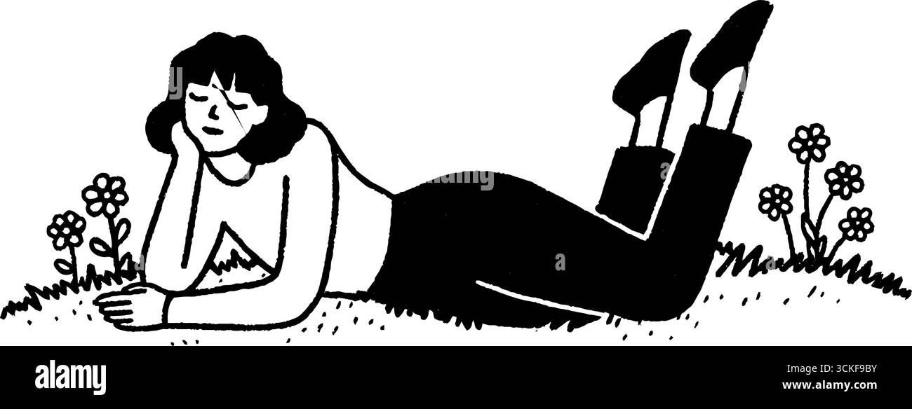 Illustrazione minimalista in bianco e nero di una donna rilassata in un giardino. Illustrazione Vettoriale
