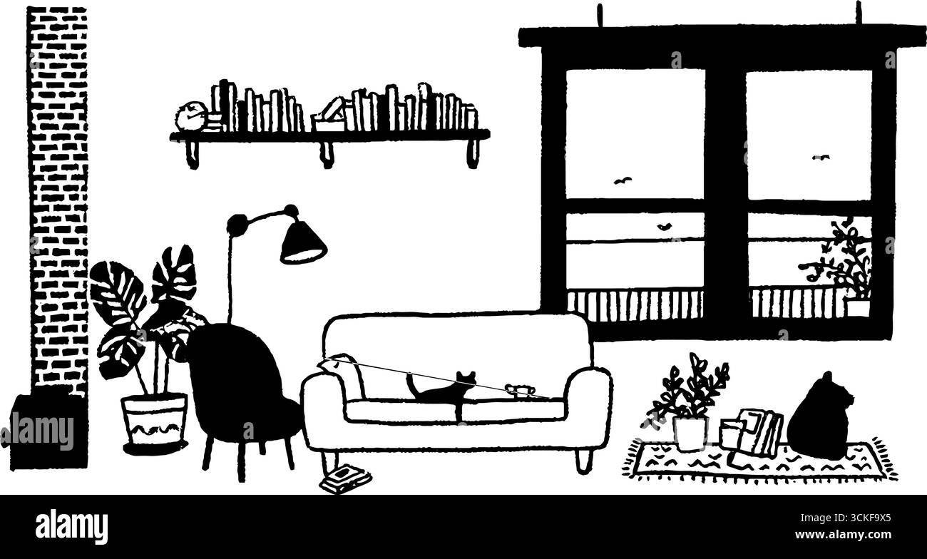 Illustrazione minimalista in bianco e nero di un ambiente accogliente in salotto. Illustrazione Vettoriale