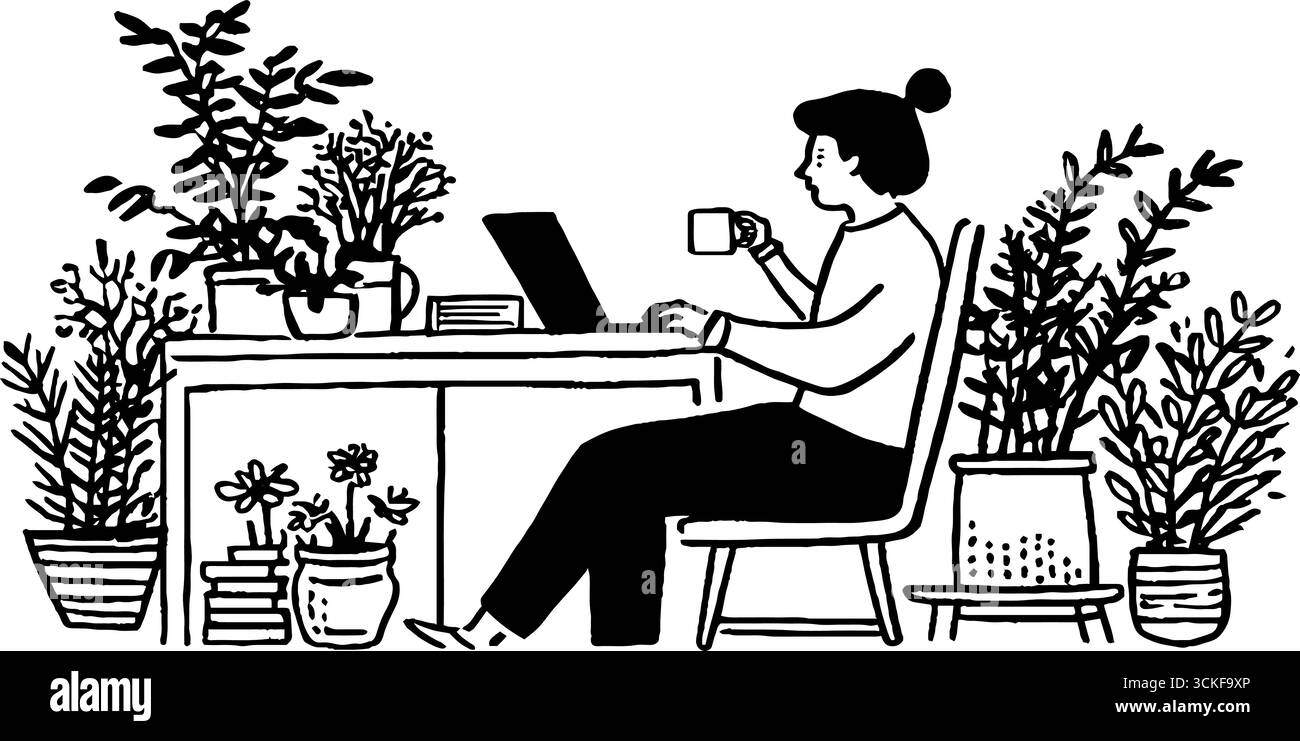 Illustrazione minimalista in bianco e nero di una persona che lavora da casa circondata da piante. Illustrazione Vettoriale
