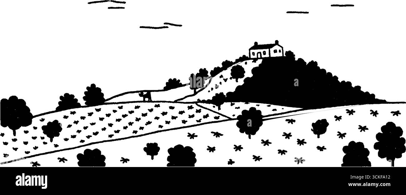 Illustrazione minimalista in bianco e nero di campagna. Illustrazione Vettoriale