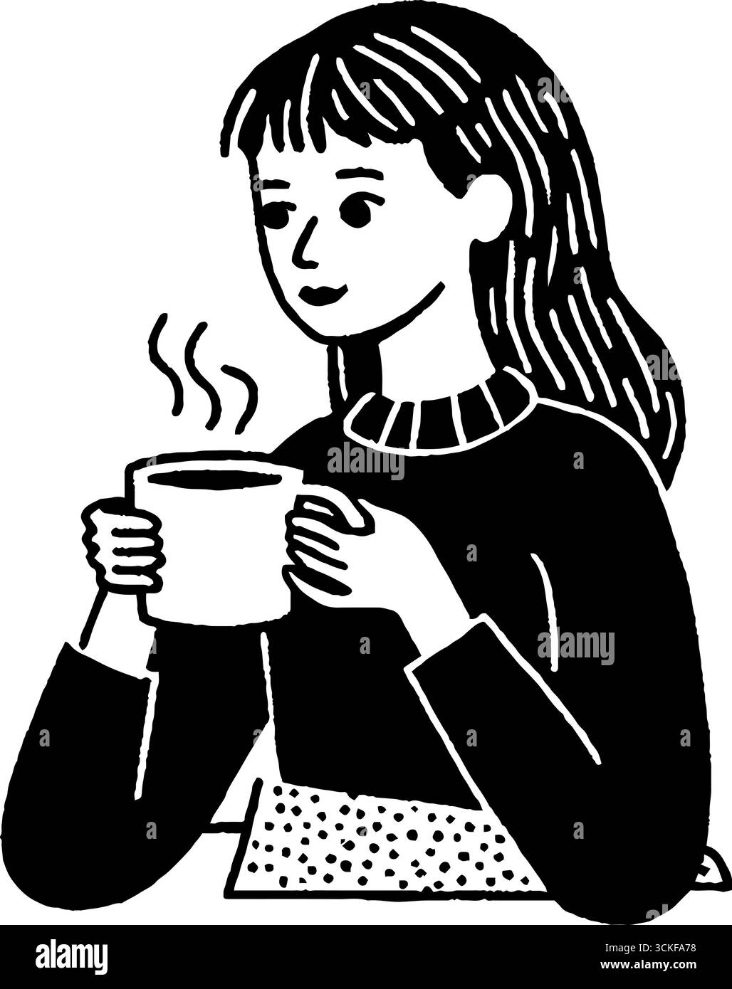 Immagine minimalista in bianco e nero di una donna che beve un drink caldo per un design e un arredamento accoglienti. Illustrazione Vettoriale