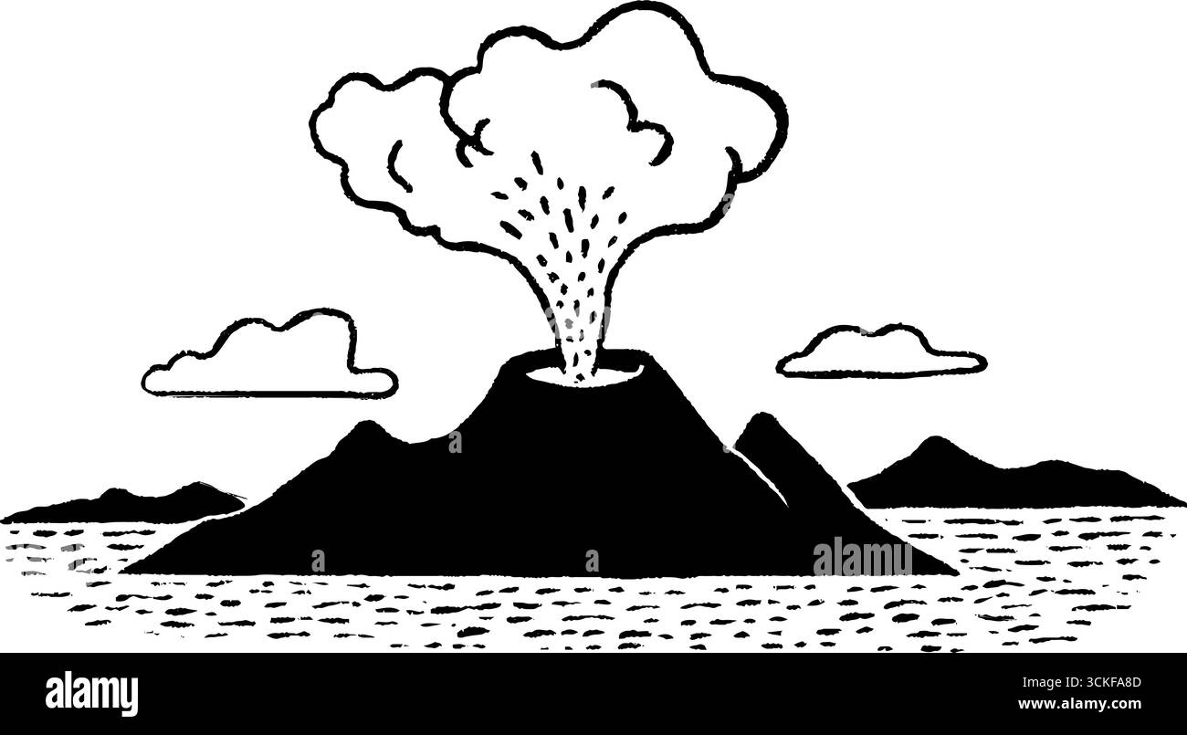 Illustrazione minimalista dell'eruzione vulcanica in bianco e nero per progetti di design. Illustrazione Vettoriale