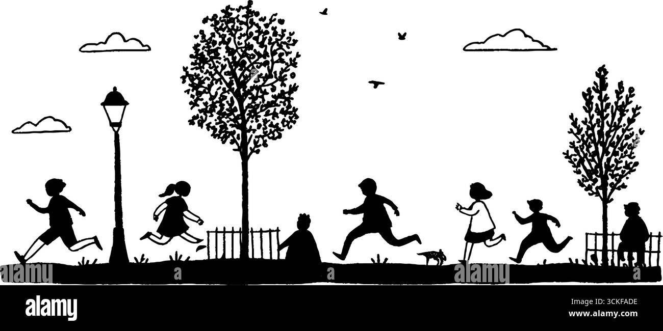 Illustrazione minimalista in bianco e nero di bambini che giocano in un parco. Illustrazione Vettoriale
