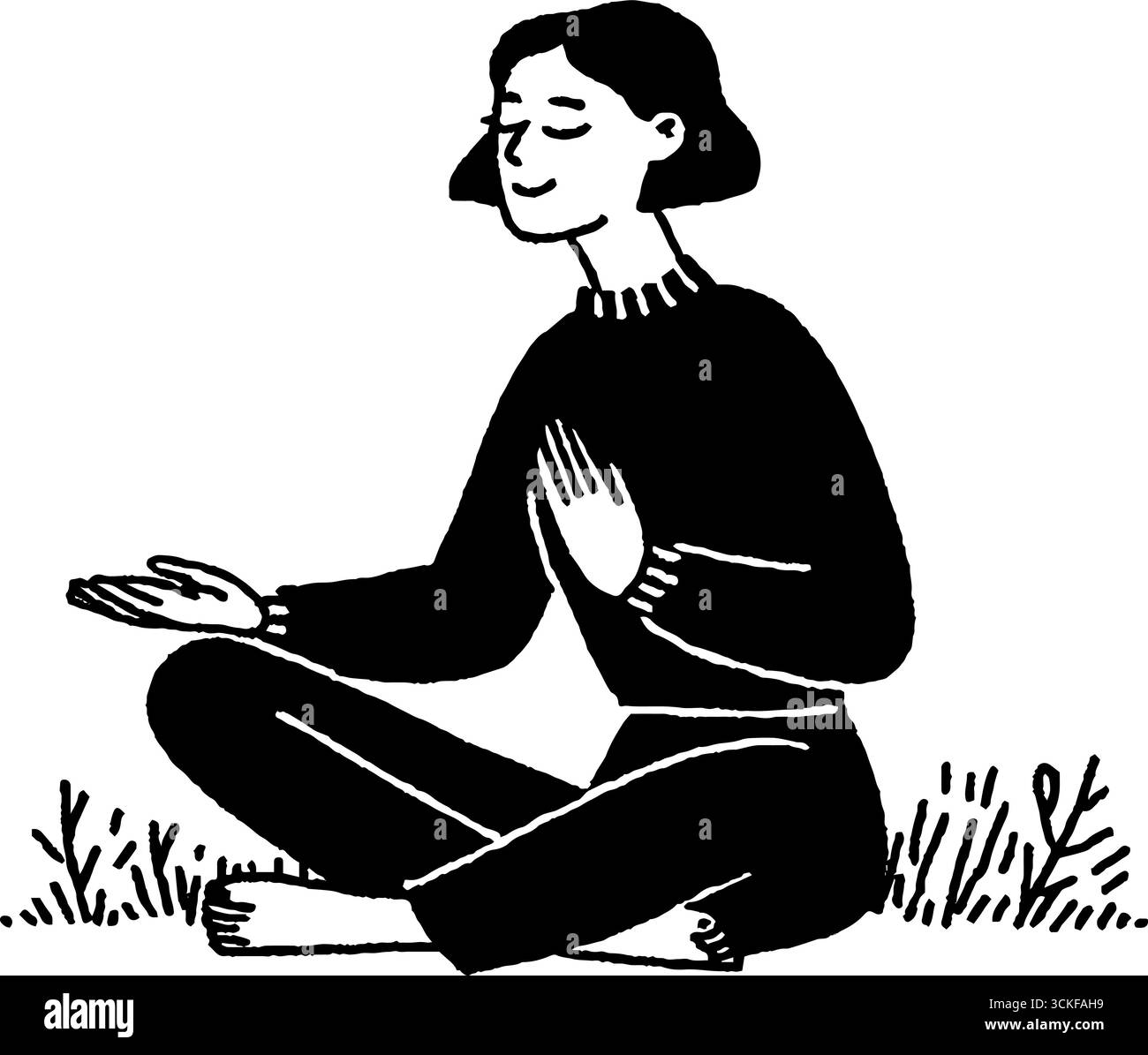 Illustrazione minimalista in bianco e nero di una donna che medita all'aperto. Illustrazione Vettoriale