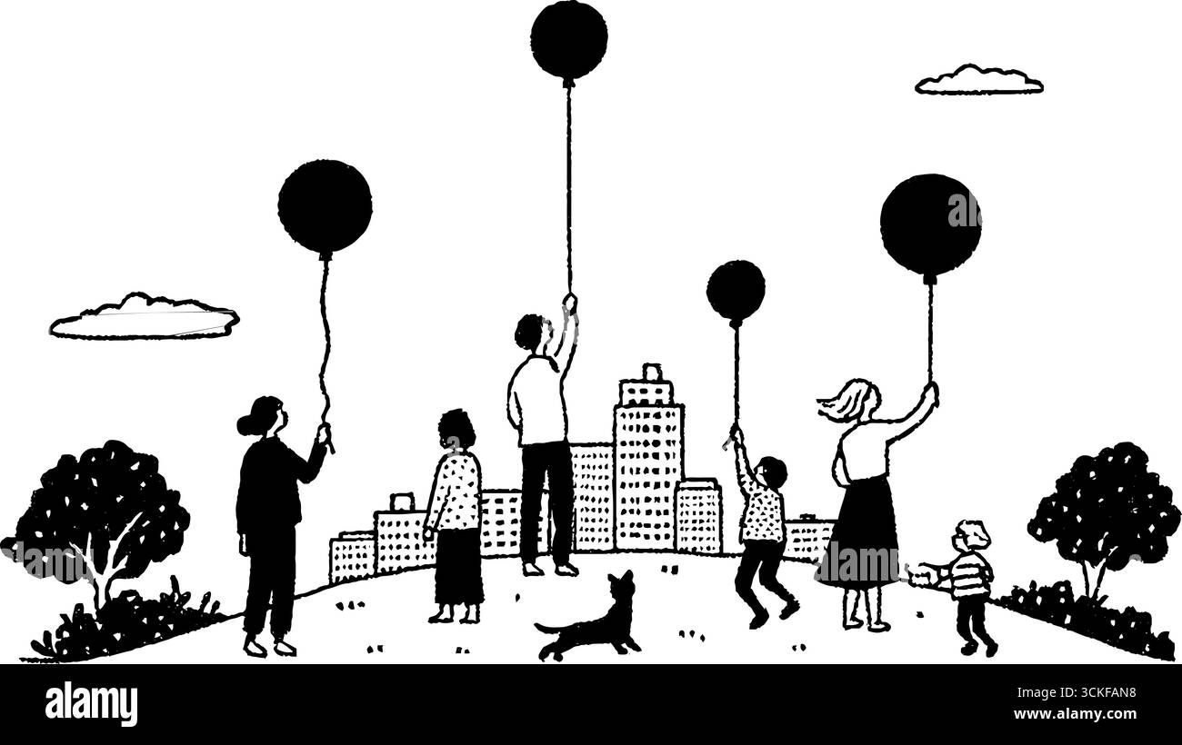 Scena minimalista in bianco e nero di bambini e adulti con palloncini nel parco. Illustrazione Vettoriale