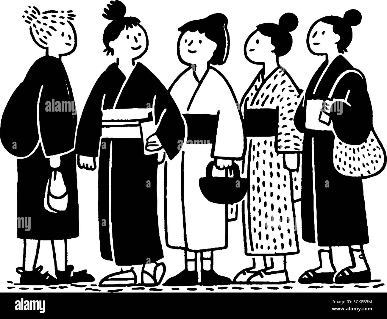 Illustrazione minimalista in bianco e nero di persone in abiti tradizionali. Illustrazione Vettoriale