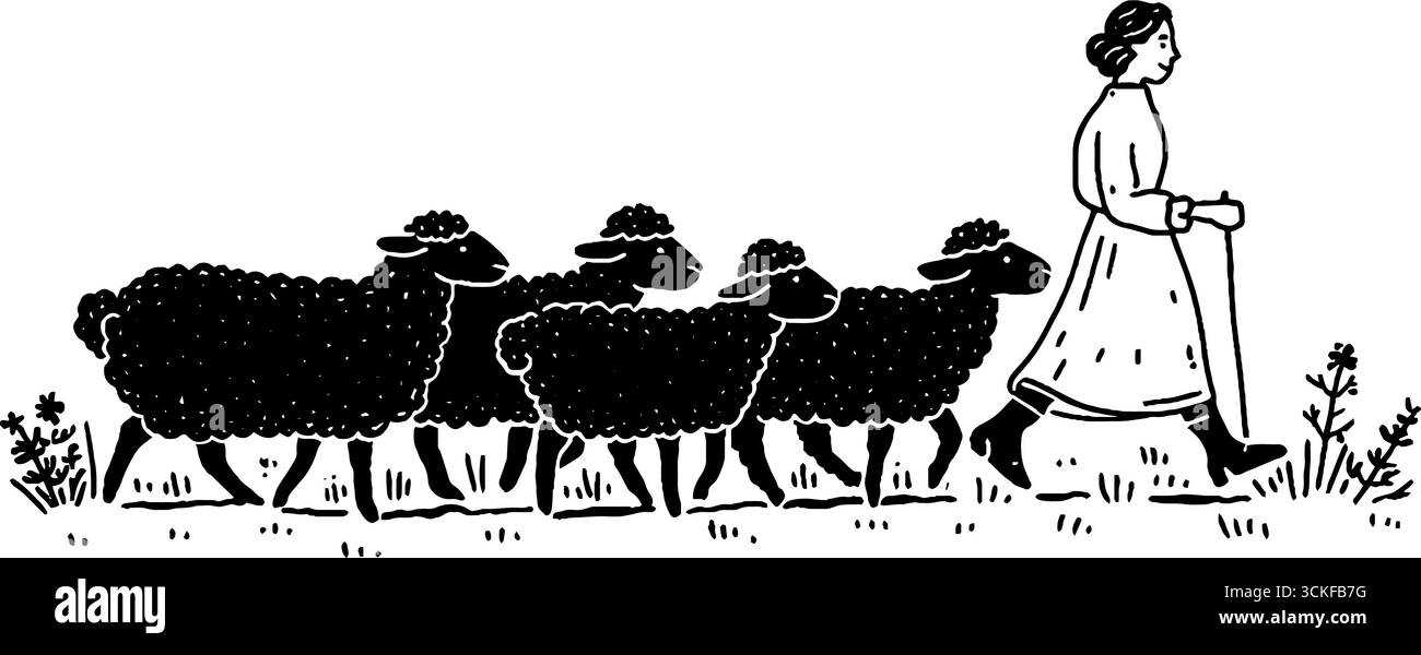 Pecore bianche e nere minimaliste che camminano con illustrazioni di pastori. Illustrazione Vettoriale Pecore bianche e nere minimaliste che camminano con illustrazioni di pastori. Illustrazione Vettoriale