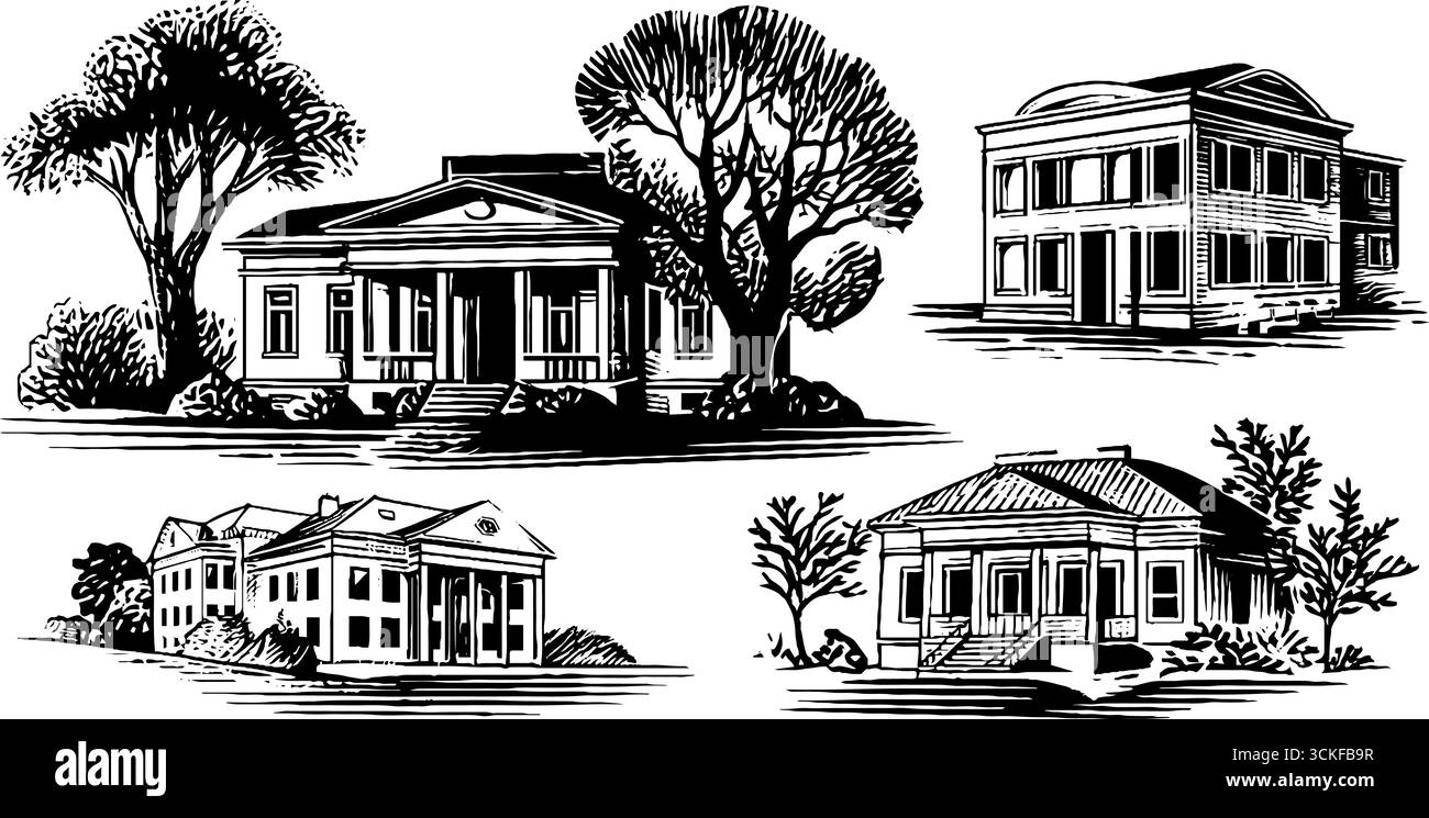 Schizzi architettonici vintage di edifici classici con alberi. Illustrazione Vettoriale Schizzi architettonici vintage di edifici classici con alberi. Illustrazione Vettoriale