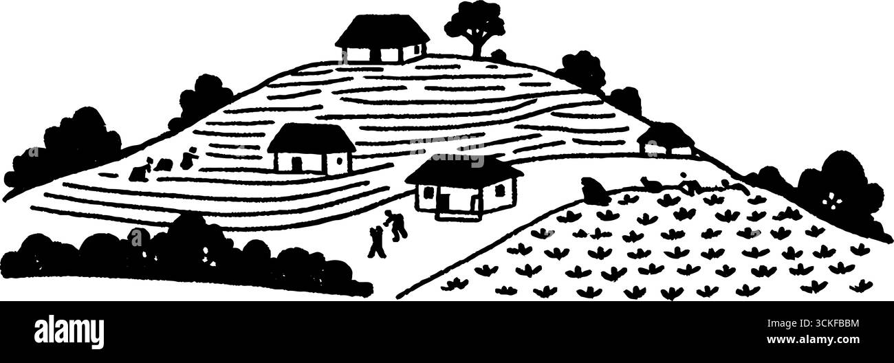 Paesaggio bianco e nero minimalista con case e campi in cima alla collina. Illustrazione Vettoriale Paesaggio bianco e nero minimalista con case e campi in cima alla collina. Illustrazione Vettoriale