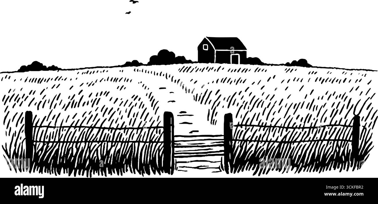 Paesaggio rurale minimalista bianco e nero con cascina e recinzione. Illustrazione Vettoriale