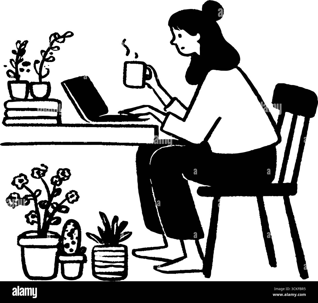 Illustrazione minimalista in bianco e nero di donna che lavora da casa con le piante. Illustrazione Vettoriale