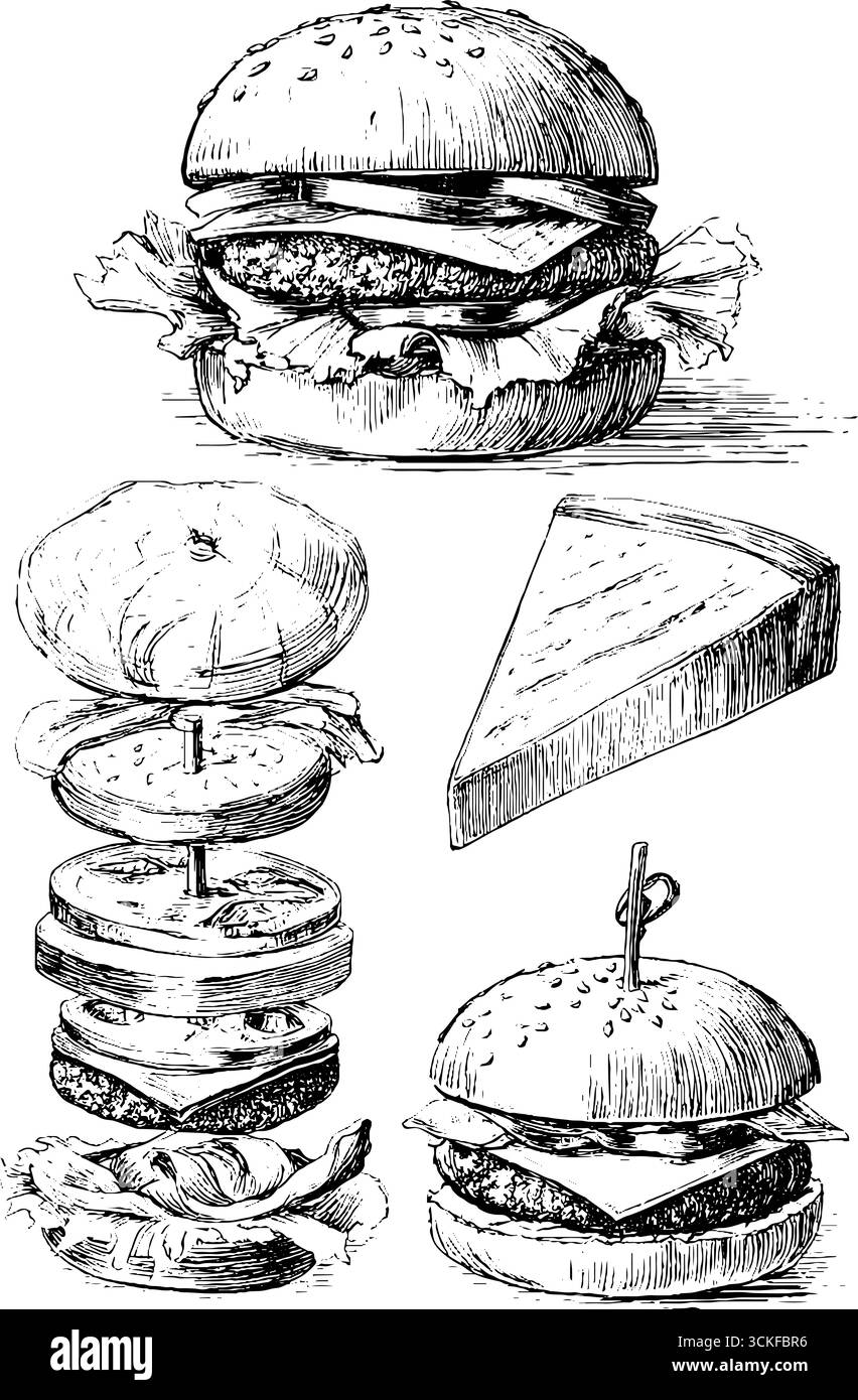 Illustrazioni di hamburger disegnate a mano con strati di formaggio e cipolla. Illustrazione Vettoriale