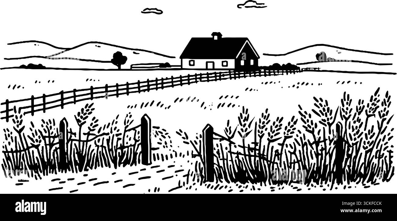 Illustrazione minimalista in bianco e nero del paesaggio rurale di una fattoria per un design artistico. Illustrazione Vettoriale
