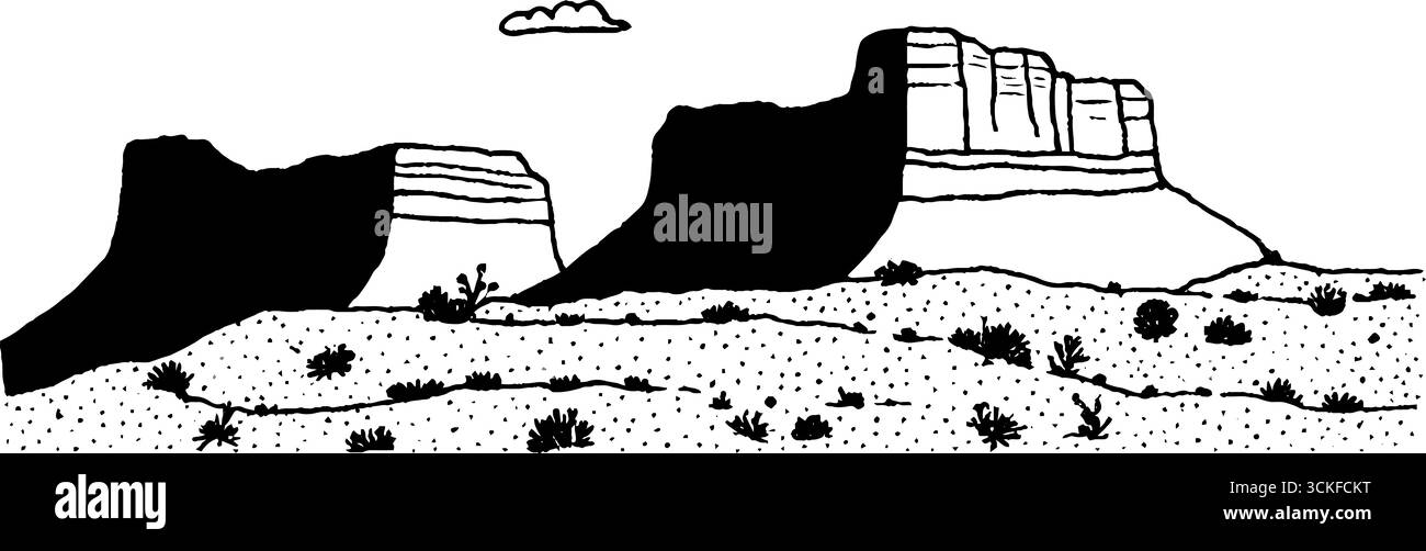 Illustrazione minimalista in bianco e nero del paesaggio desertico per il design. Illustrazione Vettoriale