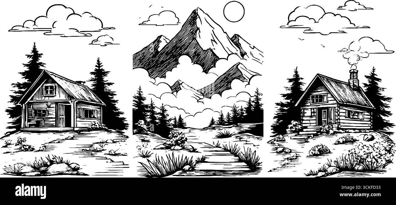 Capanne rustiche e vette maestose con pini e nuvole. Illustrazione Vettoriale