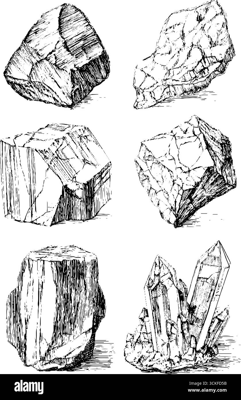 Schizzi dettagliati di vari tipi di roccia e strutture in cristallo. Illustrazione Vettoriale