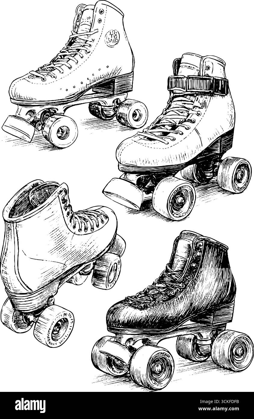 Illustrazioni dettagliate di pattini a rotelle vintage con design classici. Illustrazione Vettoriale