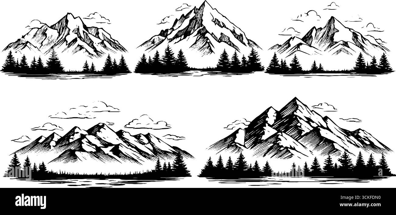 Insieme di paesaggi di montagna disegnati a mano con pini e nuvole. Illustrazione Vettoriale