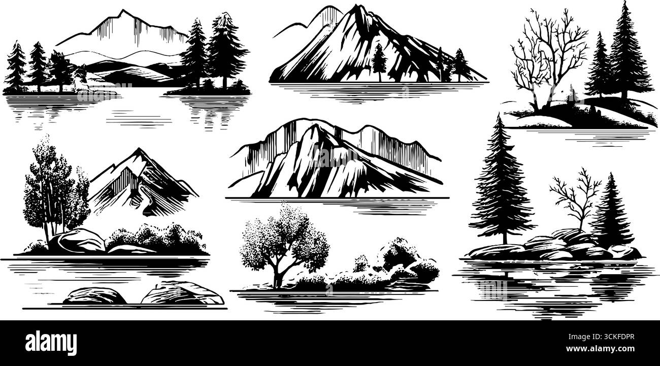 Scenografiche illustrazioni di paesaggi in bianco e nero con montagne e alberi. Illustrazione Vettoriale