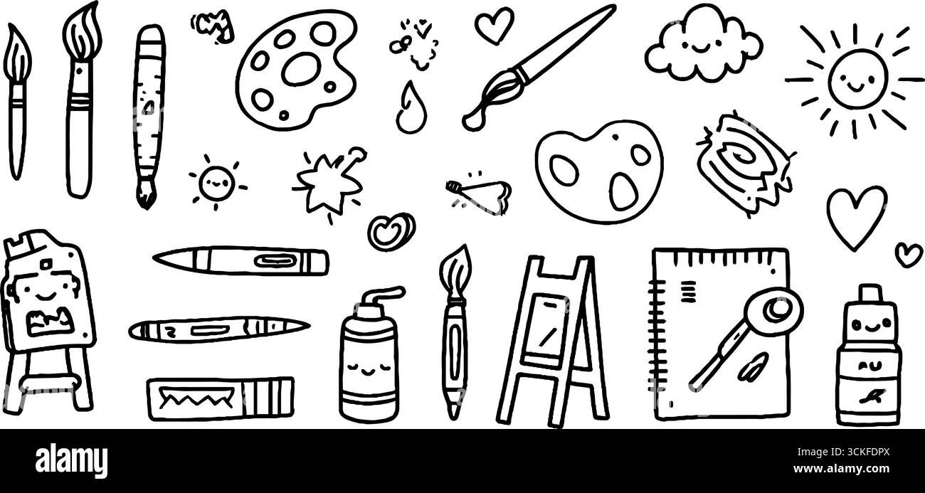 Set di pennelli e palette artistici per progetti di design creativo. Illustrazione Vettoriale