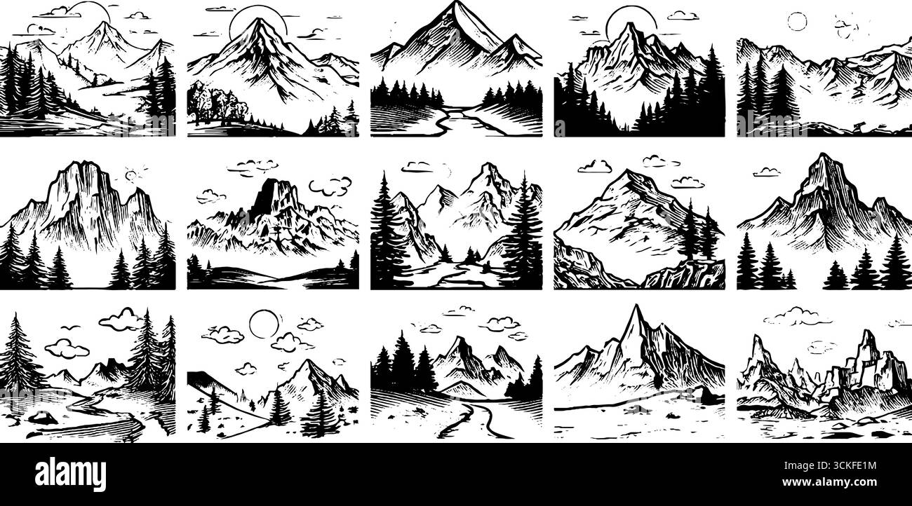 Paesaggi di montagna bianchi e neri con foreste e sole. Illustrazione Vettoriale