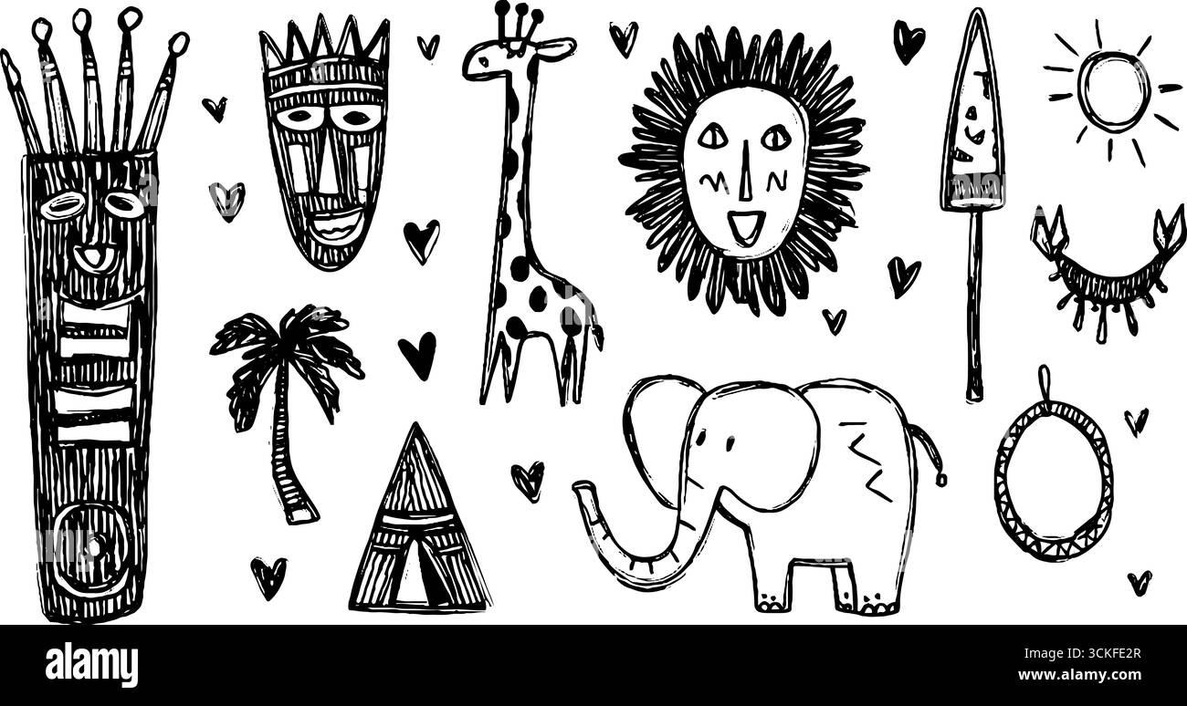 Set di icone disegnate a mano a tema africano con maschere, tamburi e fauna selvatica per un design creativo. Illustrazione Vettoriale