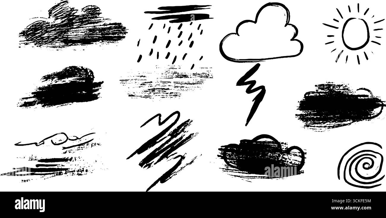 Scendi a fumetti disegnati a mano con elementi solari e piovosi per il design. Illustrazione Vettoriale