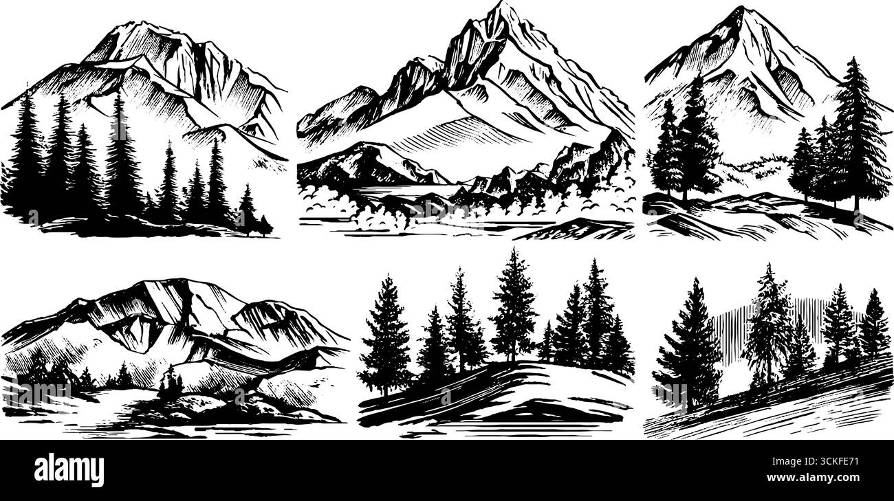 Paesaggi montuosi monocromatici con pini in illustrazioni in bianco e nero. Illustrazione Vettoriale